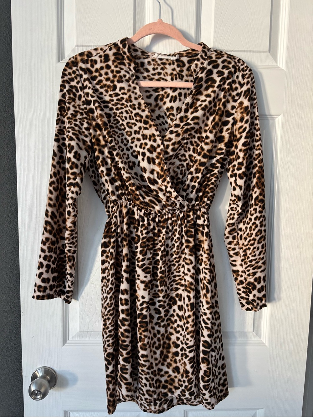 Leopard Print Long-Sleeve Wrap Dress - Brown/Black -Small